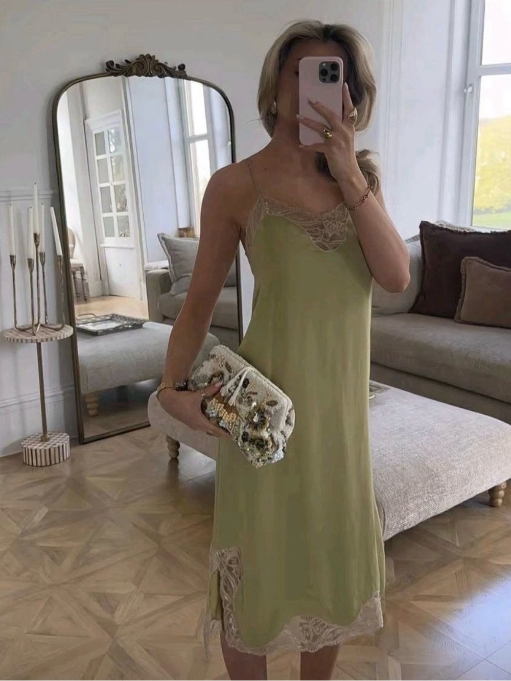 Zara Olive Green Slip Midi Dress with Lace Trim